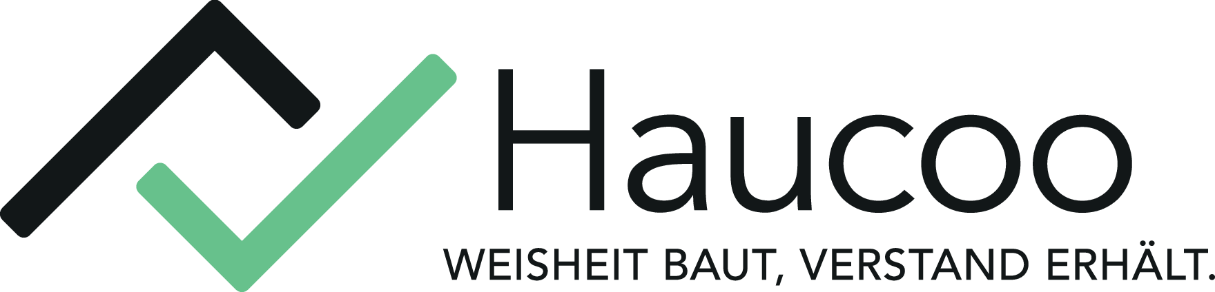 HAUCOO-Original-Logo von 2021: schwarzes Dach, grüner Check-Haken und Slogan Weisheit baut, Verstand erhält