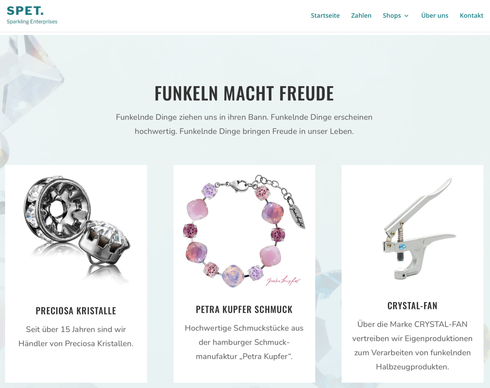 Historische SPET-Website mit SPET Sparkling Enterprises und den Bereichen Preciosa-Kristalle, Schmuck sowie Crystal-Fan