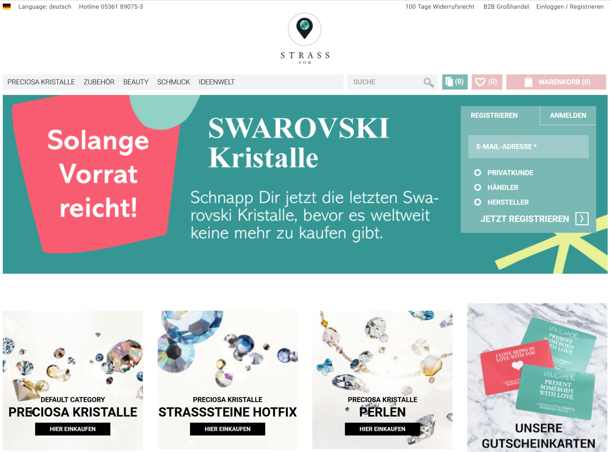Historische STRASS.com-Shopstartseite mit Logo, Swarovski-Kristall-Banner und Produktkategorien