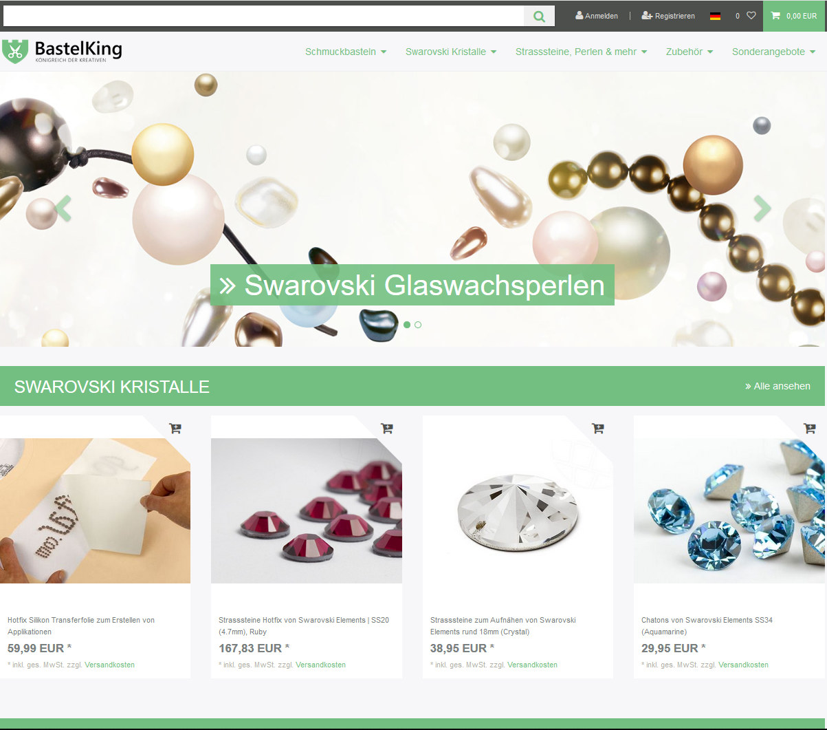 Historischer BastelKing-Onlineshop mit grünem BastelKing-Logo, Perlen-Banner und Swarovski-Produktkacheln