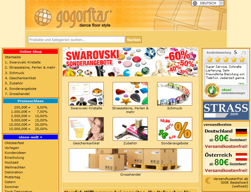 Historischer orangefarbener Gogoritas-Onlineshop mit selbst entwickeltem Gogoritas-Logo, Swarovski-Sonderangeboten und Produktkategorien