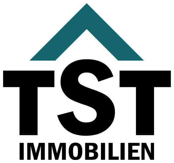 Historisches und aktuelles TST Immobilien Logo: schwarze Buchstaben TST, petrolfarbenes Hausdach und Schriftzug Immobilien